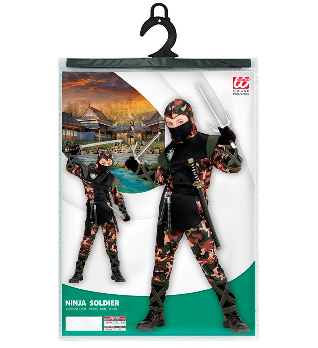 Ninja Soldat Kostüm mit Kapuze, Gürtel und Mundschutz auf neutralem Hintergrund