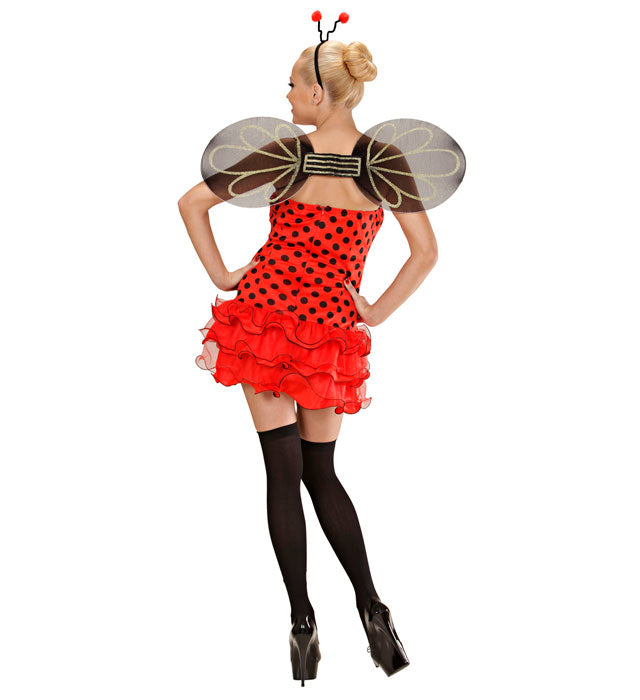 Marienkäfer Kostüm mit rotem Kleid, schwarzen Punkten, Flügeln und Antennen