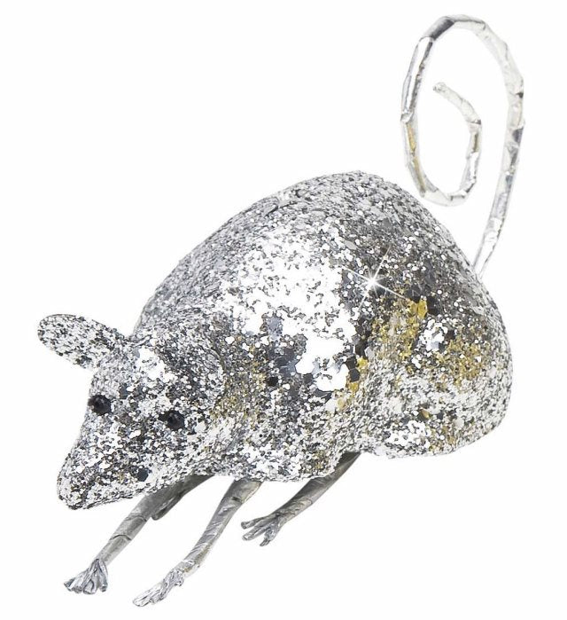 Silberne Maus Dekofigur 12 cm glänzend für Fasnacht und Karneval
