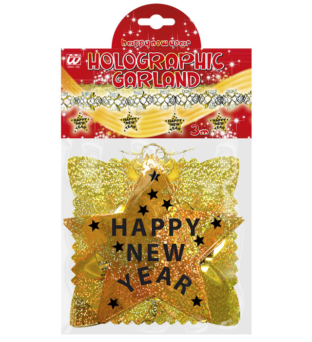 Holografische Happy New Year Girlande in Gold, 3 Meter lang, festliche Silvesterdekoration