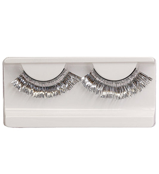 Silbermetallische Wimpern in Box mit Kleber in Glasflasche
