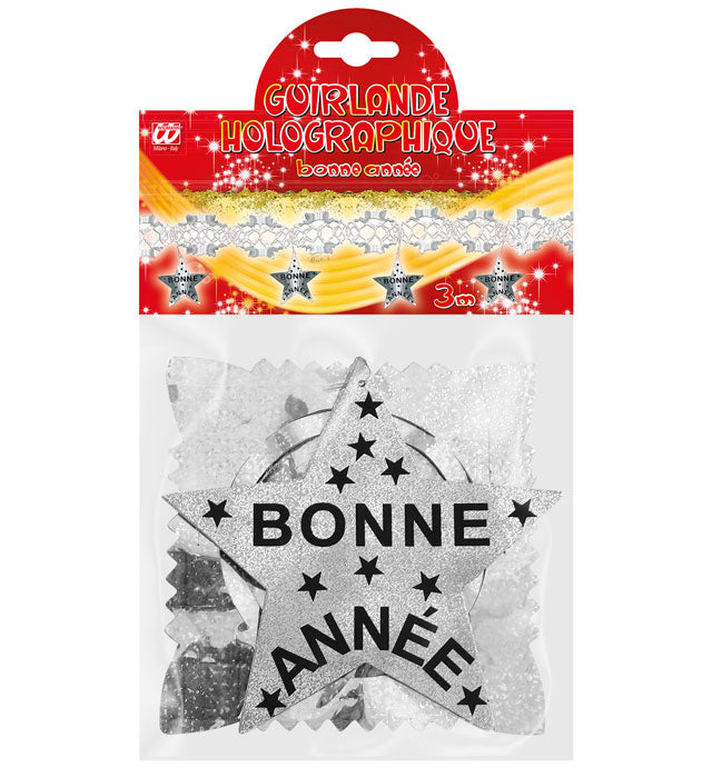 Holografische Girlande mit Schriftzug Bonne Année in Silber, 3 Meter lang