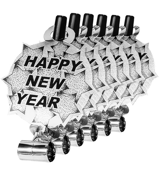 Set von 6 silbernen Luftrüsseln mit Ton und Aufdruck Happy New Year