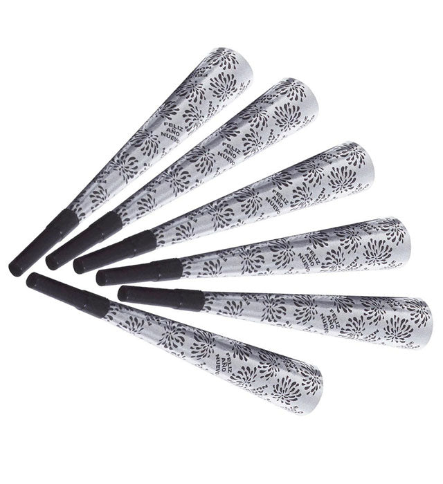 Set von 6 silbernen Party-Trompeten 25 cm für Fasnacht und Silvester