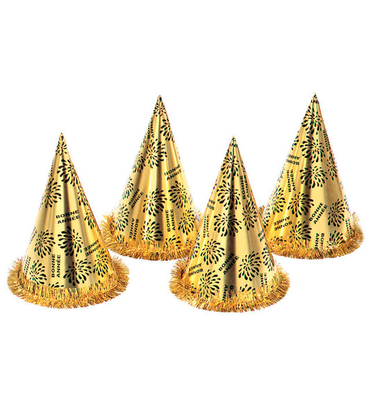 Kegelhut Bonne Année Gold mit Fransen, 28 cm hoher Partyhut für Fasnacht und Silvester