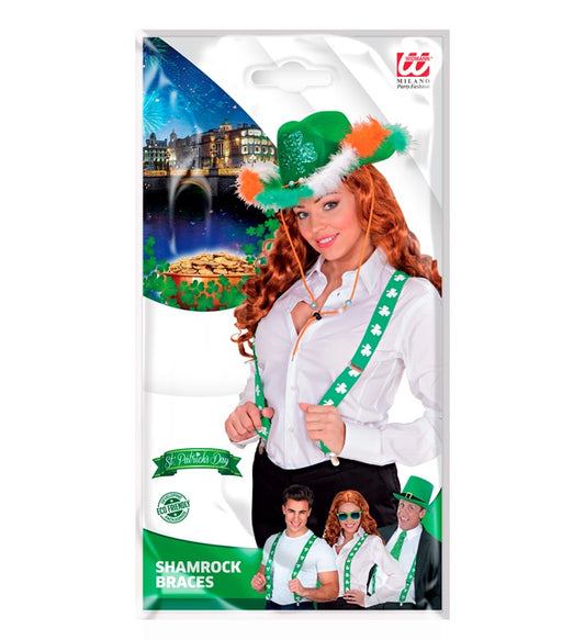 Grüne Hosenträger mit Kleeblatt-Motiv für St. Patrick's Day
