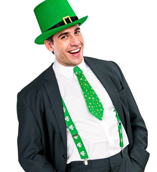Grüne Hosenträger mit Kleeblatt-Motiv für St. Patrick's Day