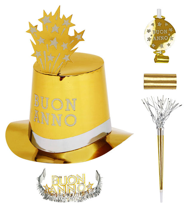 "PARTY KIT BUON ANNO GOLD" für 10 Personen (5 Zylinder, 5 Kronen, 5 Trompeten, 5 Luftrüssel, 1 Rolle aus 10 dekorativen Luftschlangen) Gold