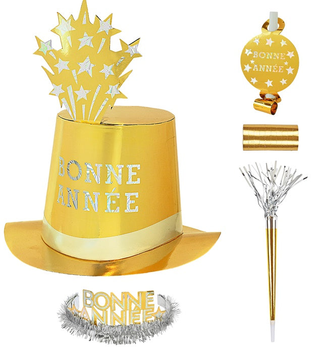 "PARTY KIT BONNE ANNÉE GOLD" für 10 Personen (5 Zylinder, 5 Kronen, 5 Trompeten, 5 Luftrüssel, 1 Rolle aus 10 dekorativen Luftschlangen) Gold
