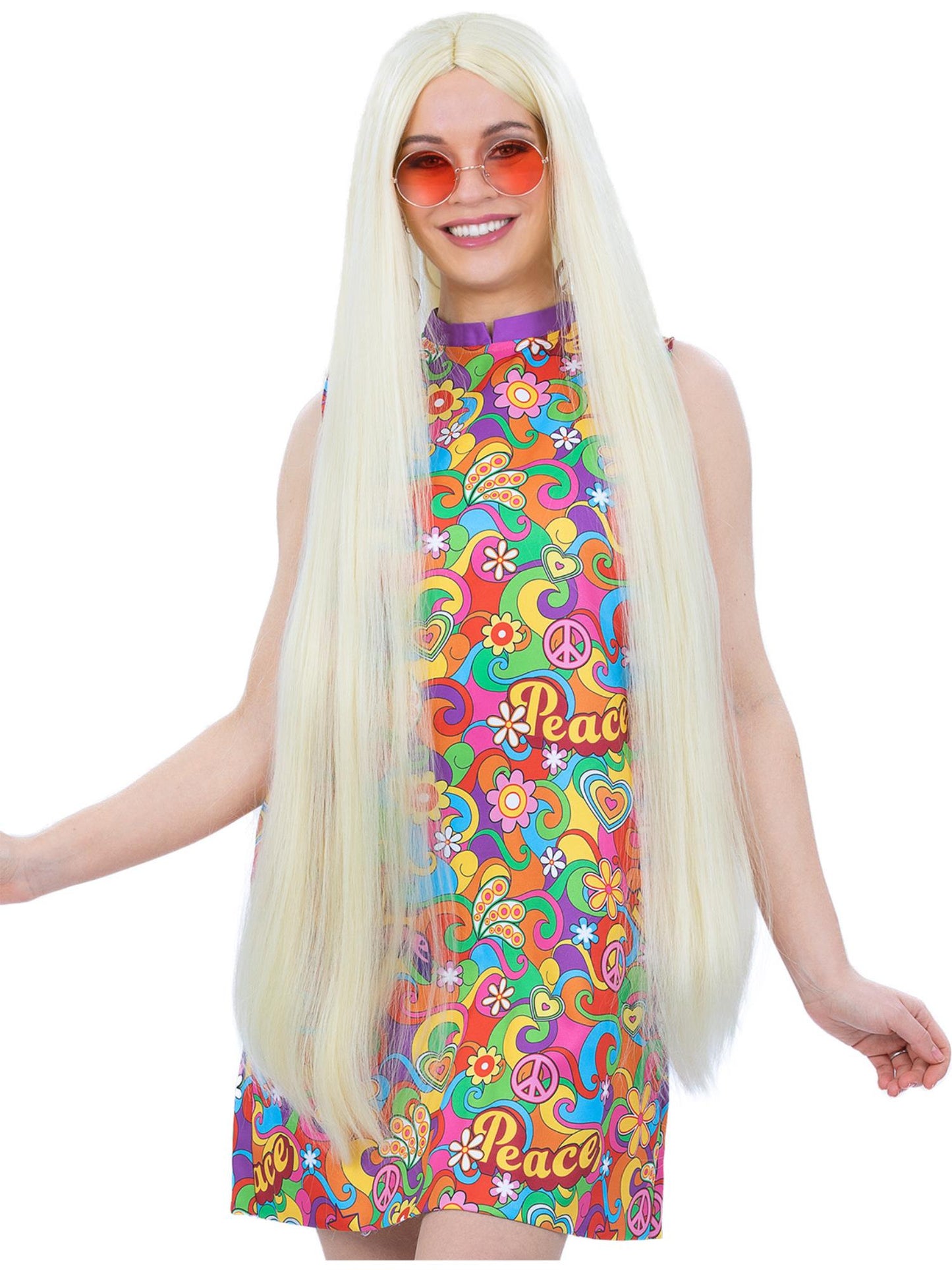 Smiffys blonde Extra Long Hippie-Peruecke, glatt und ca. 100 cm lang