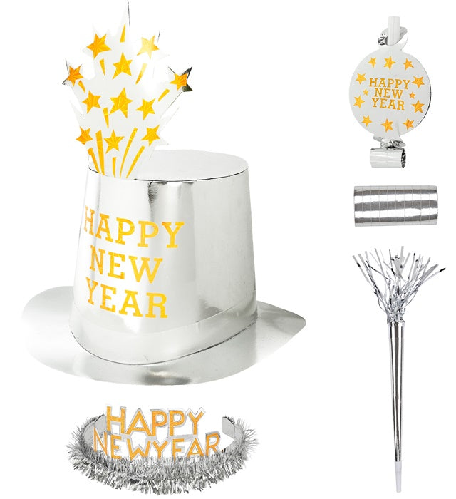 Party Kit Happy New Year Silber mit Zylindern, Kronen, Trompeten und Luftschlangen