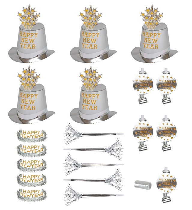 "PARTY KIT HAPPY NEW YEAR SILBER" für 10 Personen (5 Zylinder, 5 Kronen, 5 Trompeten, 5 Luftrüssel, 1 Rolle aus 10 dekorativen Luftschlangen) Silber