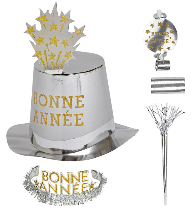 "PARTY KIT BONNE ANNÉE SILBER" für 10 Personen (5 Zylinder, 5 Kronen, 5 Trompeten, 5 Luftrüssel, 1 Rolle aus 10 dekorativen Luftschlangen) Silber