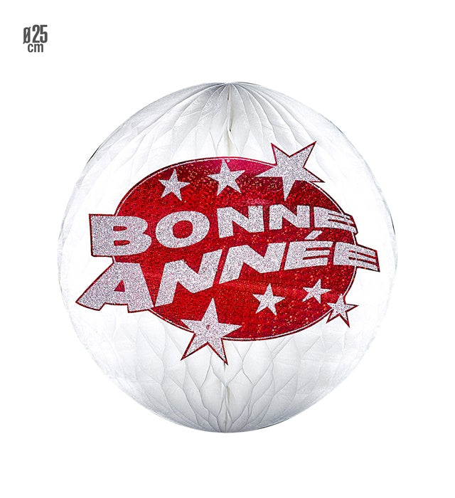 Roter holografischer Wabenball mit 'Bonne Année' Schriftzug, Ø 25 cm