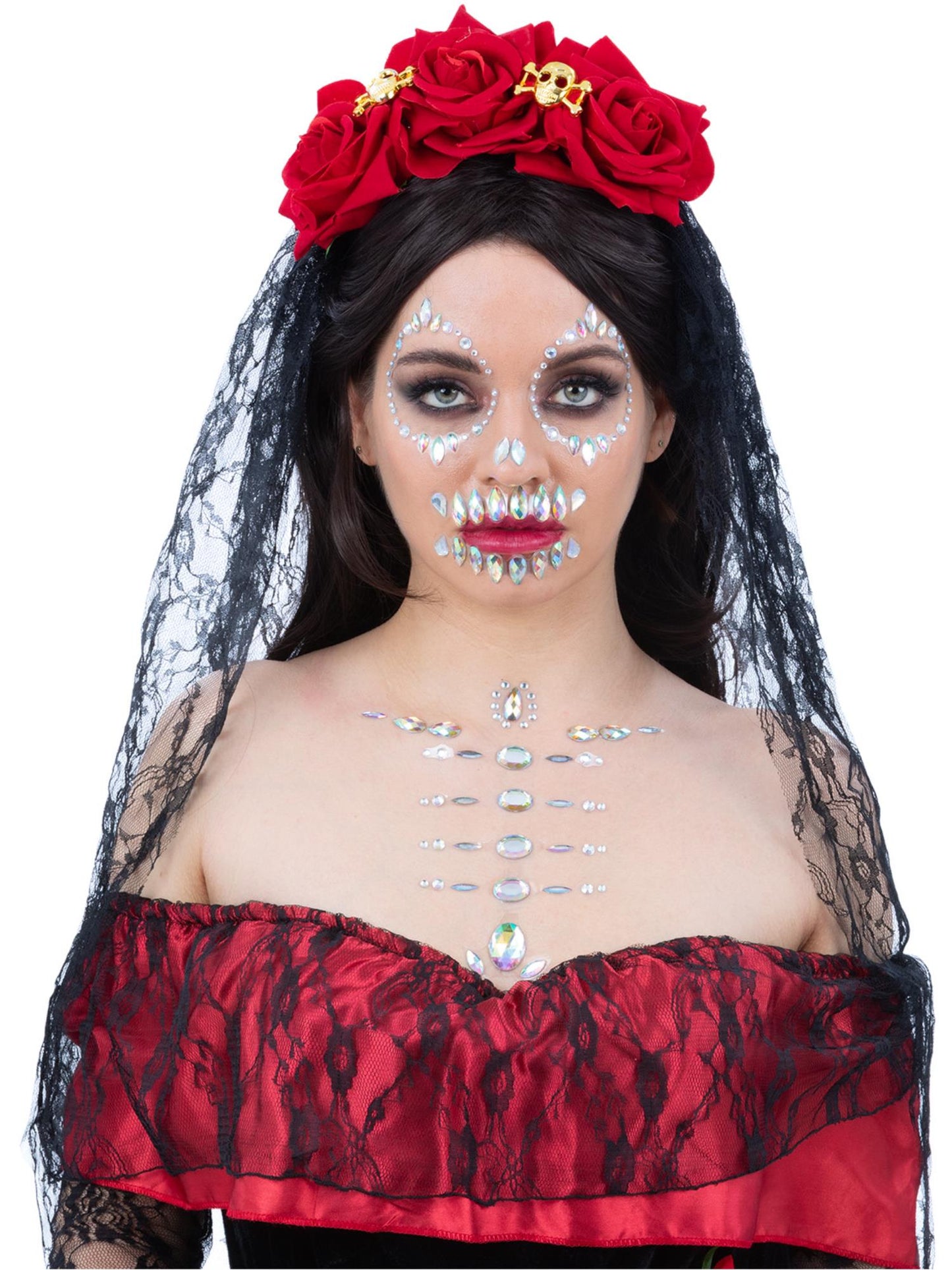 Smiffys Skull Face & Body Jewels silber selbstklebender Gesichts- und Körperschmuck