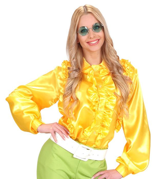 Satinbluse mit Rüschen in Rosa, Orange und Gelb für Fasnacht und Karneval