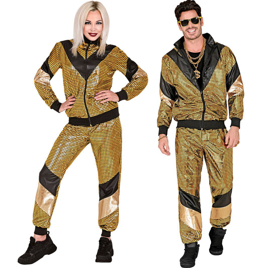 "80er JAHRE GOLD REFLEKTIERENDER TRAININGSANZUG" (Oberteil, Hose) – Vorderansicht