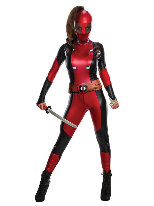Rubies Secret Wishes Deadpool Kostüm für Damen mit Catsuit, Gürtel und Snood