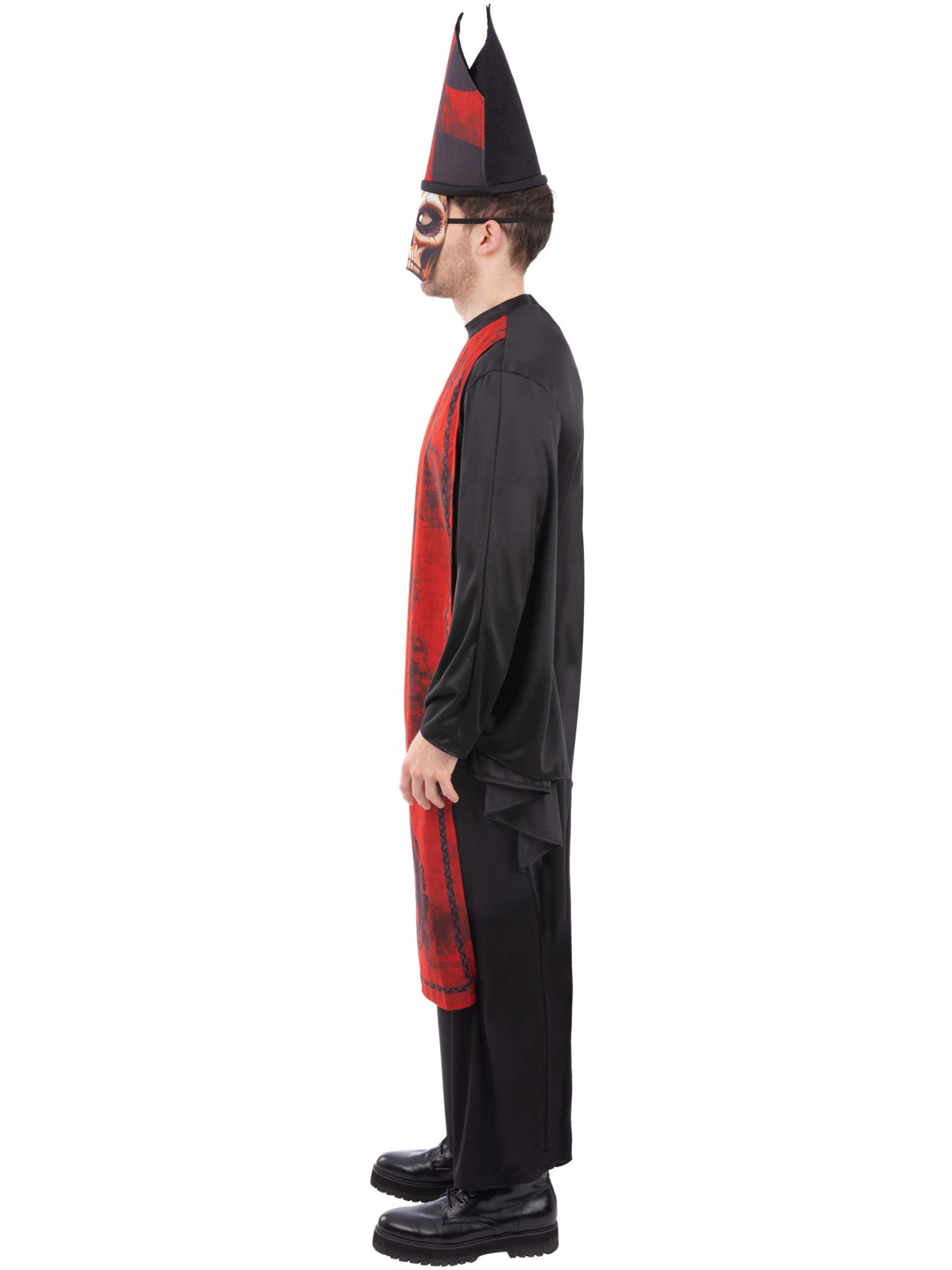 Smiffys Cardinal Sin Kostüm für Herren in Schwarz mit Robe und Hut mit Maske – Seitenansicht
