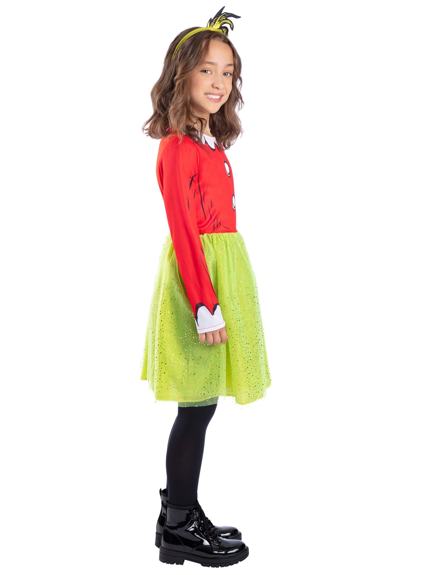 Smiffys Grinch Santa Kostüm für Mädchen mit Kleid und Headband – Seitenansicht