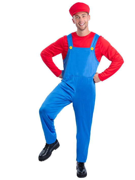Smiffys Red Plumber Kostüm für Erwachsene mit Oberteil, Latzhose und Cap – Produktansicht