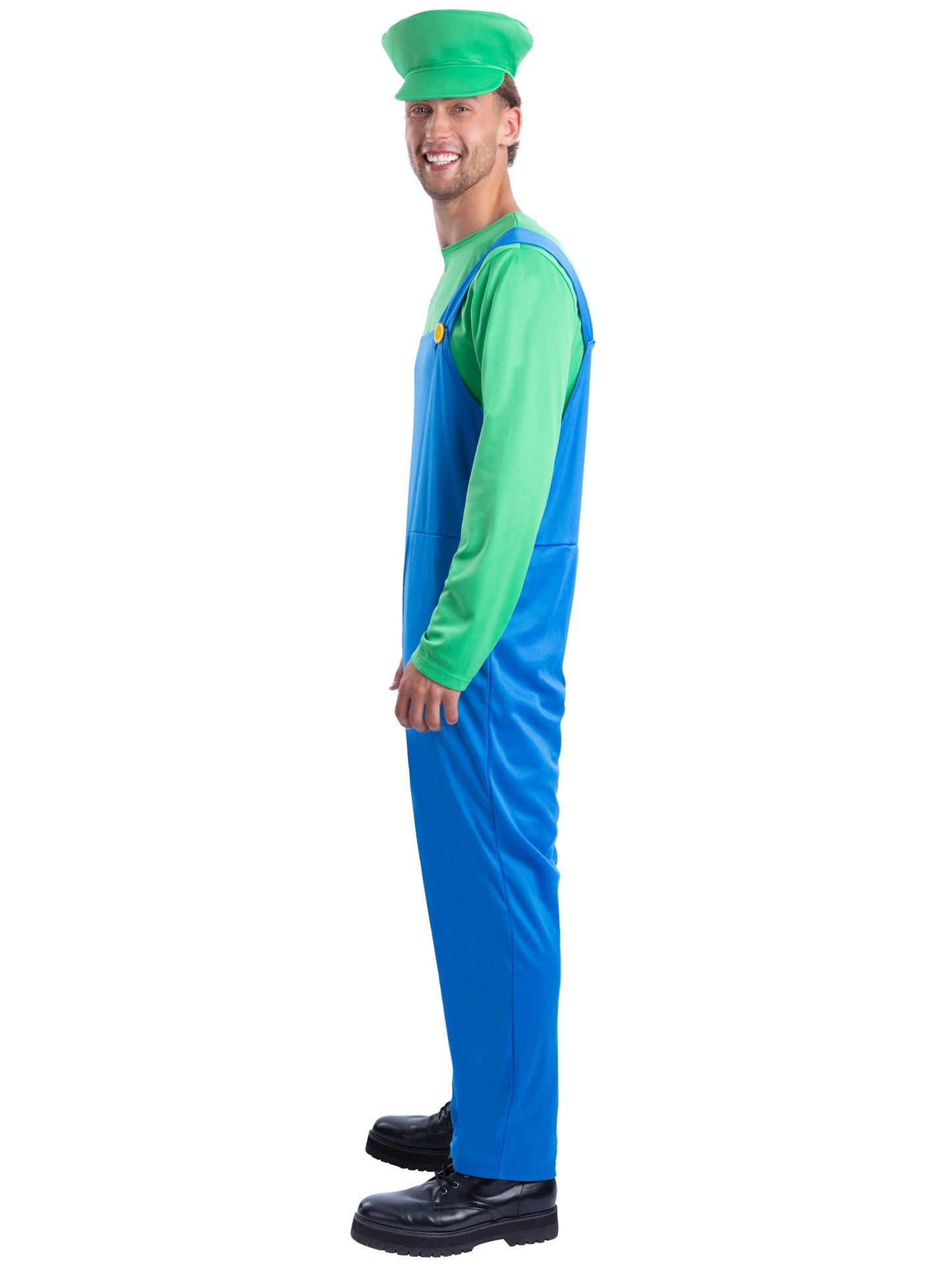 Smiffys Green Plumber Kostüm für Erwachsene mit Oberteil, Latzhose und Cap – Seitenansicht