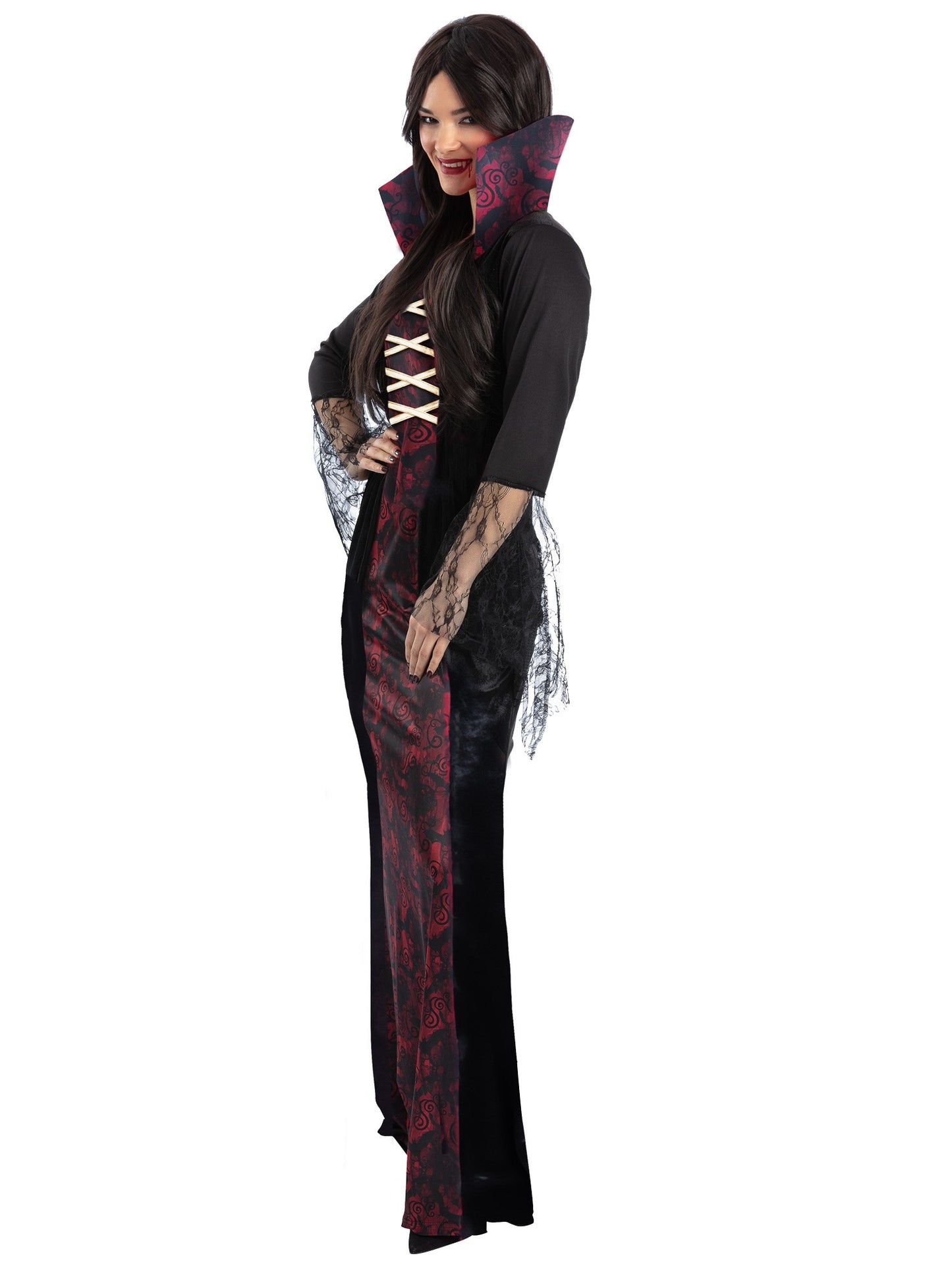 Smiffys Vampiress Kostüm für Damen mit Kleid und angenähtem Kragen – Seitenansicht