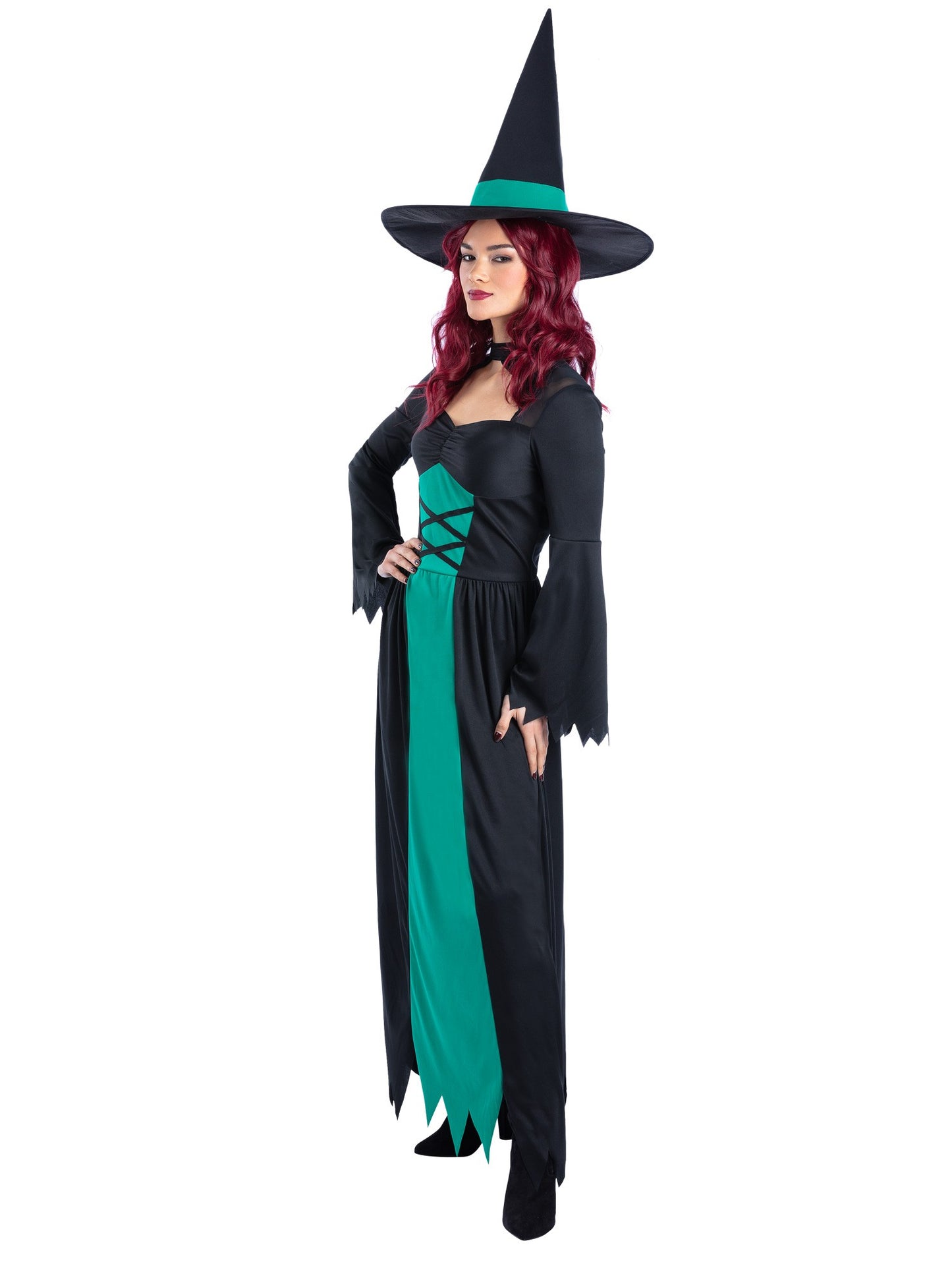 Smiffys Bewitched grünes Hexenkostüm für Damen mit Kleid und Hut – Seitenansicht