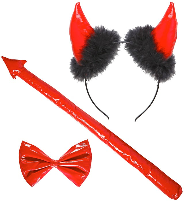 Rotes Teufel-Kostüm-Set mit Hörnern, Fliege und Schwanz aus Vinyl