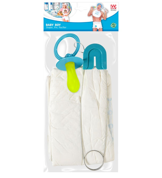 Blaues Baby Set mit Windel, Schnuller und Stecknadel als Fasnachtszubehör