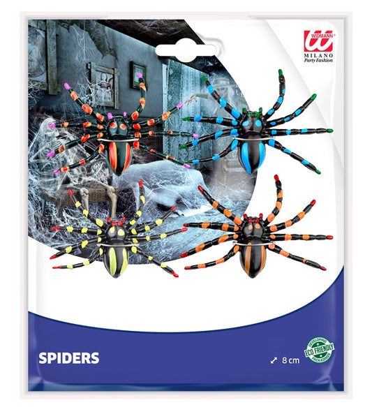Set aus 4 bunten Kunststoff-Spinnen in verschiedenen Farben, je ca. 7,5 cm groß