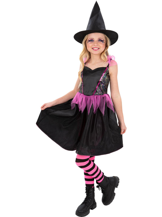 Smiffys Rainbow Web Witch Hexenkostüm für Mädchen mit Kleid und Hut – Produktansicht