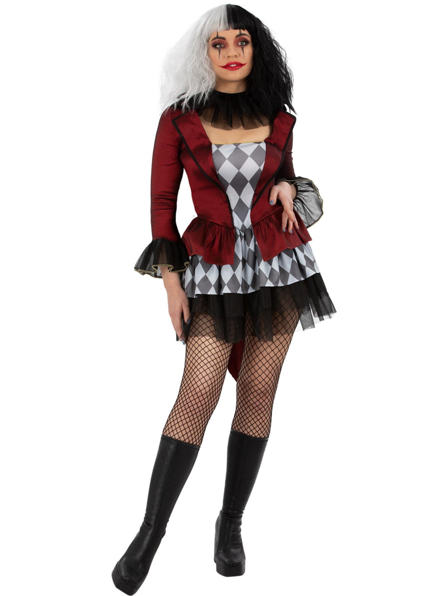 Smiffys Evil Jester Kostüm für Damen in Rot mit Jacke und Rock