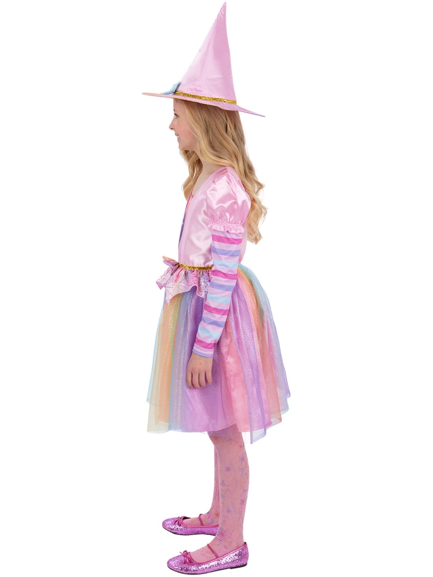 Smiffys Pastel Rainbow Hexenkostüm für Mädchen mit Kleid, Hut und Strumpfhose – Seitenansicht