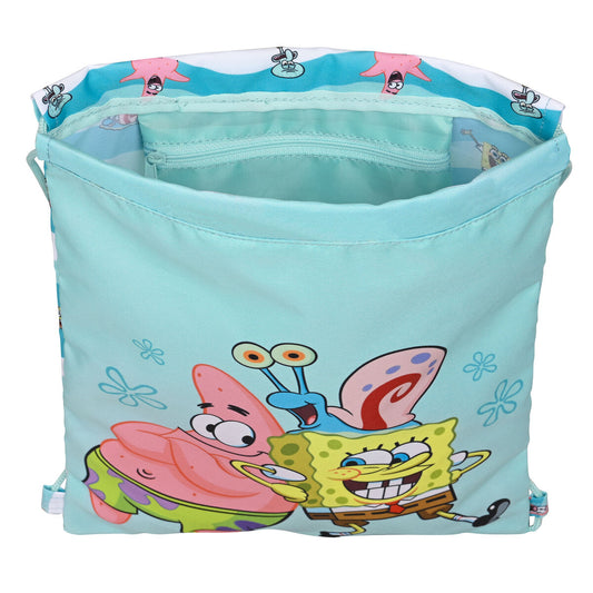 Blauer und weiĂer Spongebob Rucksack mit praktischen BĂ€ndern und ReiĂverschluss.
