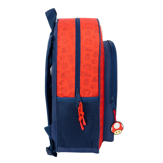 Roter und dunkelblauer Super Mario Schulrucksack mit ergonomischer Polsterung und mehreren FĂ€chern.
