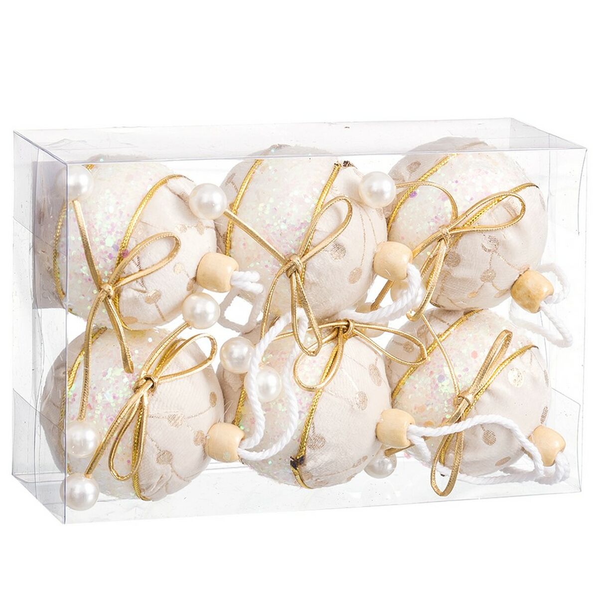 BigBuy Christmas Weihnachtsbaumkugeln Weiss Gold aus Polyfoam mit Stoffschleife, 6 cm, 6 Stück – Detailansicht