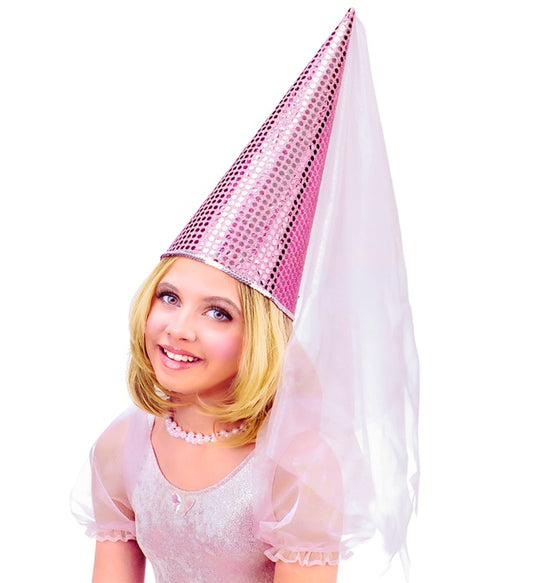Hellblauer und rosa Pailletten-Feenhut mit zartem Schleier als Fasnachtskostüm-Accessoire