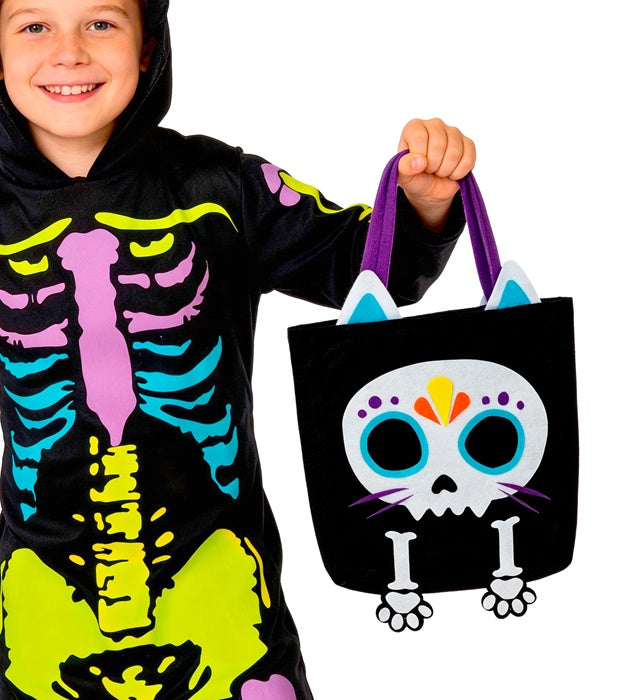 Trick-or-Treat Tasche mit schwarzer Katze und Skelett-Design