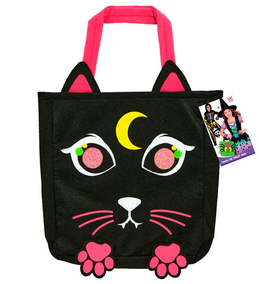 Schwarze Trick or Treat Tasche mit Katzenmotiv auf weissem Hintergrund