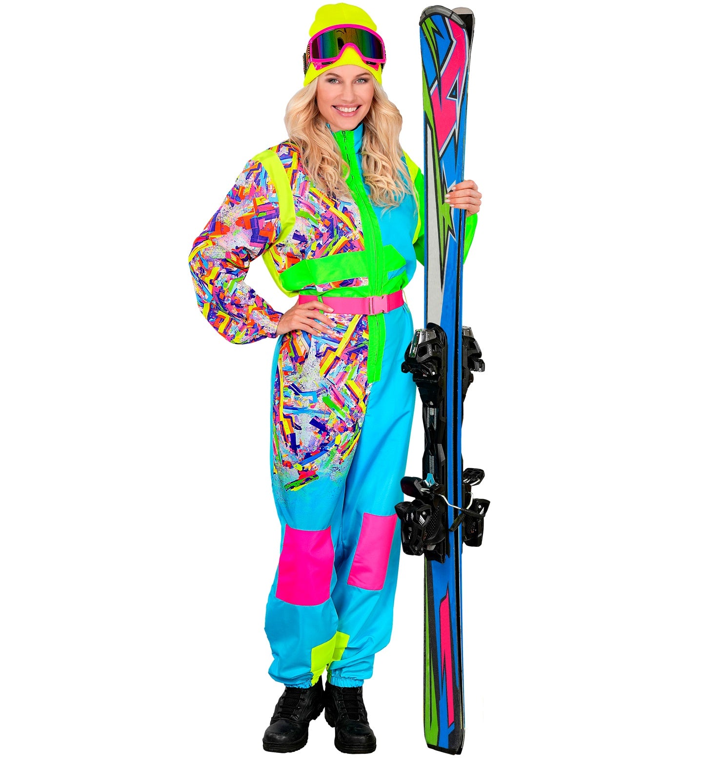 Neon Snowboarder Unisex Jumpsuit Skianzug Hellblau - Grün mit Overall, Gürtel
