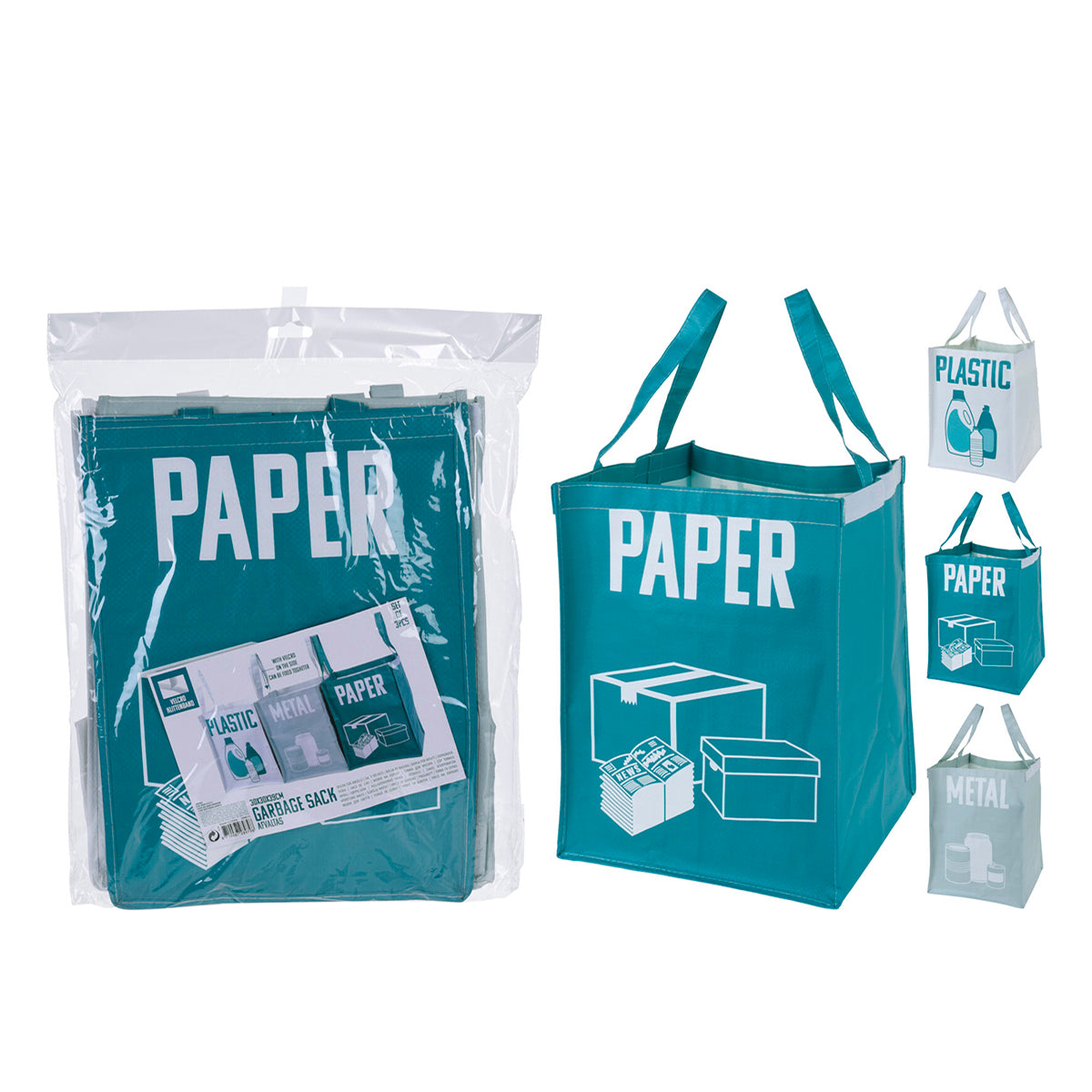 BigBuy Home Müllsäcke Paper-Plastic-Metal 3er-Pack aus Polypropylen in Türkis Weiss und Grau