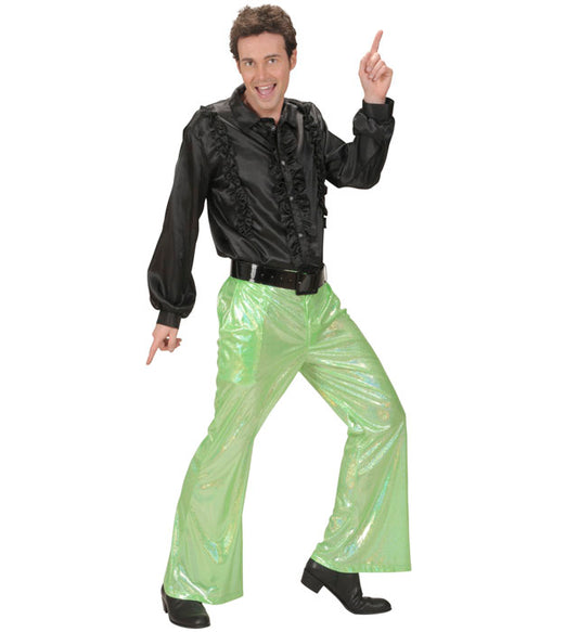 Grüne Hose aus holographischem Stoff mit schillerndem Effekt