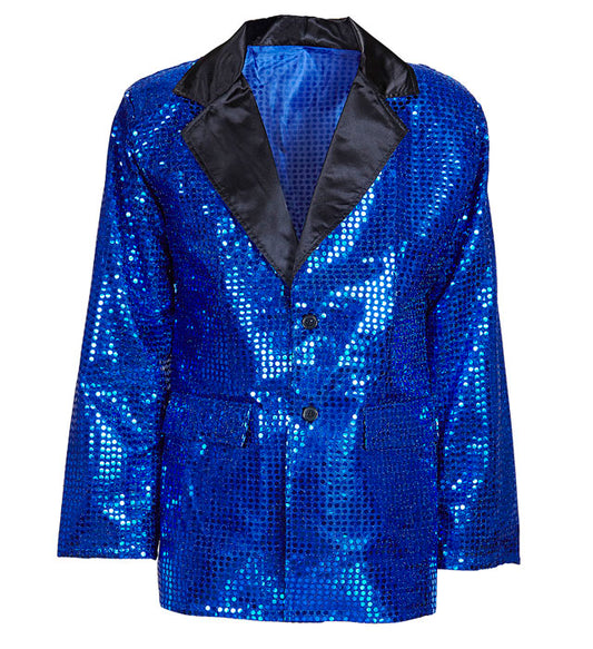 Blaue Paillettenjacke mit elegantem Satin-Kragen auf weißem Hintergrund