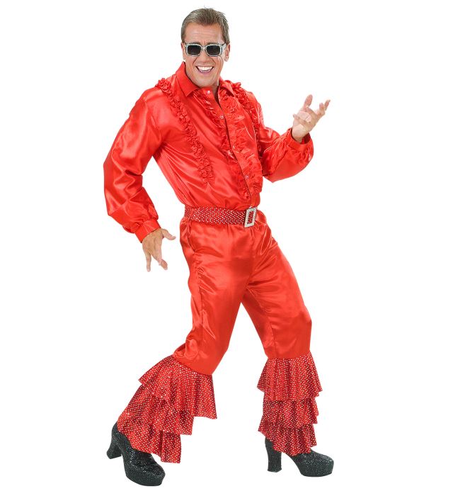 Rote Samthose mit holographischen Pailletten und weißem Samtgürtel mit silberner Schnalle