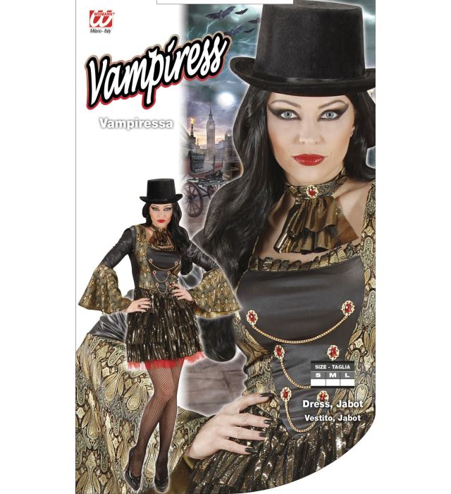 Gotisches schwarzes Vampirinnen-Kleid mit Spitzen-Jabot für Fasnacht und Halloween