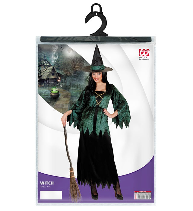 Hexen-Kostüm mit schwarzem Kleid und spitzem Hut für Fasnacht