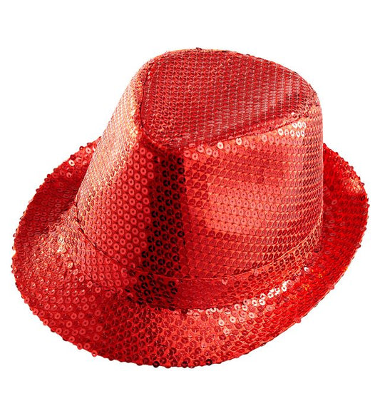 Roter Fedora-Hut mit glänzenden Pailletten, ideal für Fasnacht und Karneval