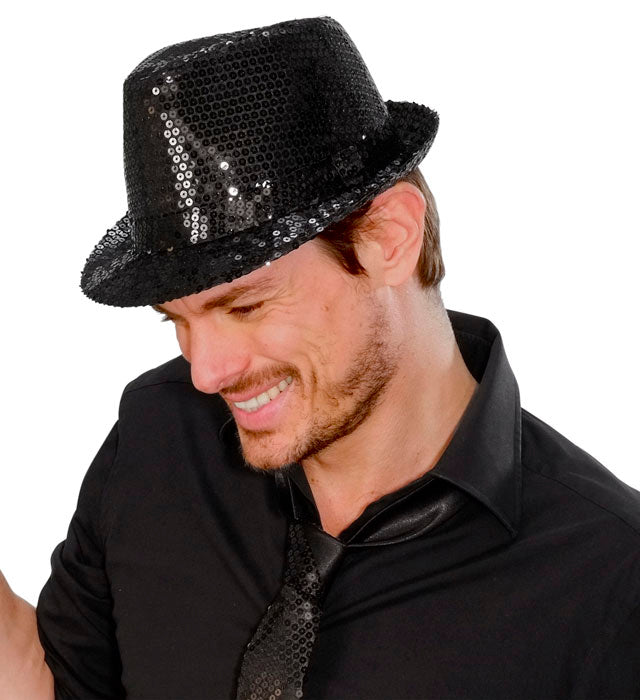 Schwarzer Fedora-Hut mit Pailletten für Fasnacht und Karneval