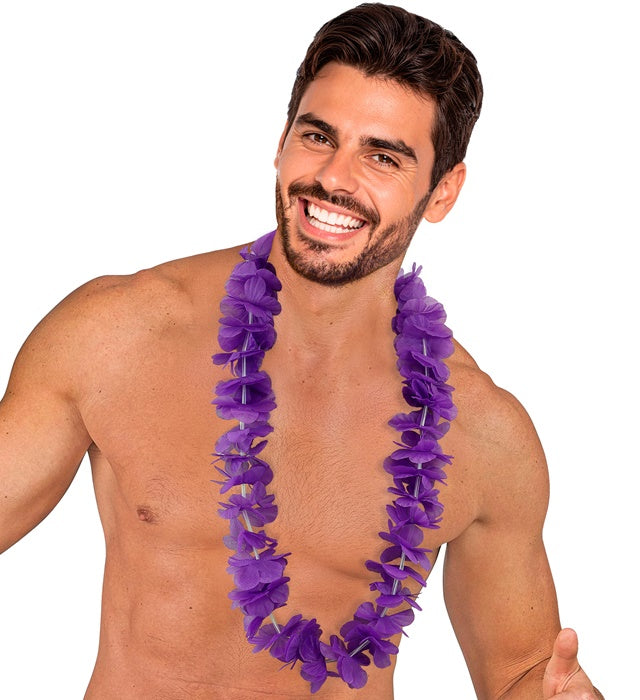 Violette Hawaii-Kette aus farbigen Kunststoffblüten als Fasnacht-Accessoire
